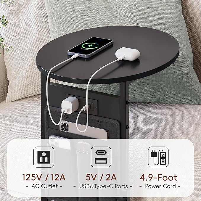 Vagusicc C Shaped End Table with Charging Station, 32" Tall Side Table for Couch and Recliner, Adjustable Height Small Couch Side Table Slide Under Sofa TV Tray Table for Living Room, Bedroom, Black