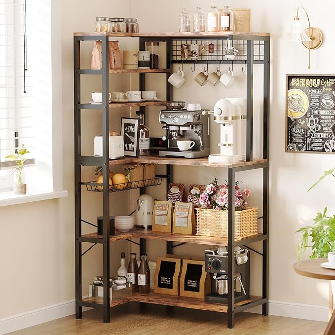 IRONCK Bakers Rack with Power Outlet, 5-Tier Corner Microwave Stand with Storage, Coffee Bar with 6 S-Shaped Hooks, Kitchen Shelves with Wire Basket