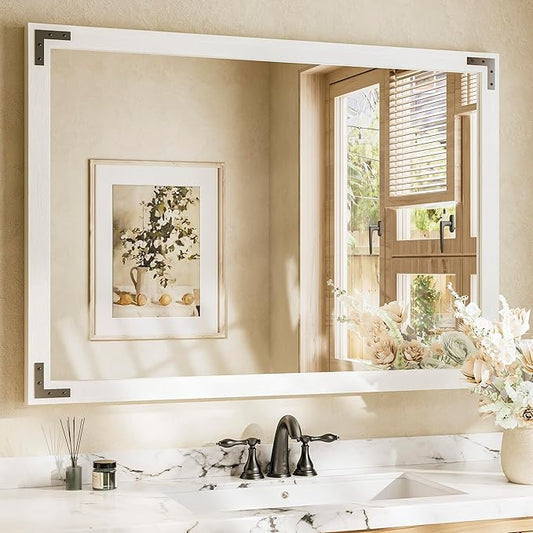 TETOTE 48 x 36 White Wooden Mirror for Bathroom Wall/Bedroom/Living Room/Entryway Farmhouse Rustic Wall Mirror Waterproof (Horizontal/Vertical Mounted)