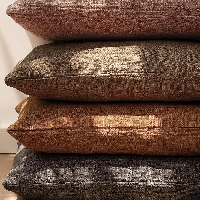 Foindtower Set of 2 Decorative Linen Check Throw Pillow Covers Neutral Farmhouse Lumbar Cushion Covers Modern Boho Home Decor for Sofa Chair Couch Bedroom Living Room Outdoor,12×20 Inch,Orange