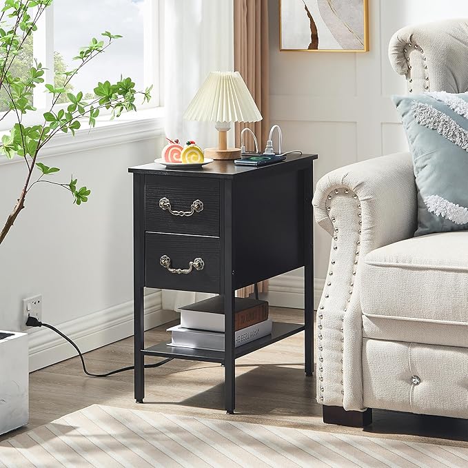 VECELO End Tables,Narrow Nightstands with Charging Station & USB Ports &Drawers,Night Stand for Living Room, Bedroom,Black