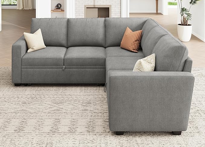HONBAY Modular Sectional Sleeper Sofa with Pull Out Bed, Chenille L Shaped Couch with Storage Seats, Convertible Sectional Couches for Living Room, Warm Grey