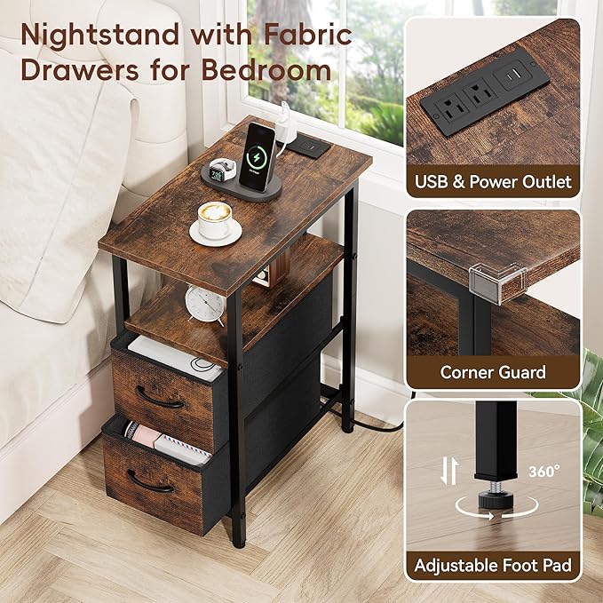 Vagusicc Nightstand with Charging Station and LED Lights, Narrow Side Table, LED Night Stand with 2 Fabric Drawers, Bedside Table with USB Ports and Outlets, Tall Nightstand for Bedroom, Rustic Brown