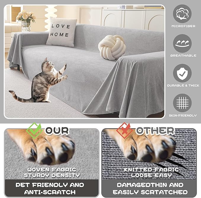 MYSKY HOME Couch Cover Sofa Covers for 3 Cushion Couch, Dog Couch Covers Protector for Sectional Sofa, Non Slip Soft Sofa Slipcover Modern Furniture Protector for Pet, 91" x 134", Light Grey