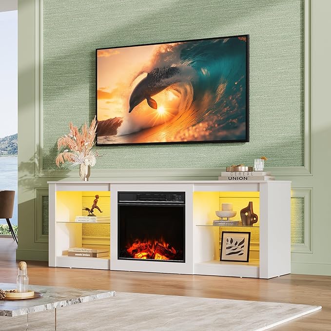 WLIVE 58 Inches Fireplace TV Stand with LED Lights, Modern Entertainment Center with 18'' Electric Fireplace & Adjustable Glass Shelves, Sturdy Media Console for Living Room, Bedroom,Gaming (White)
