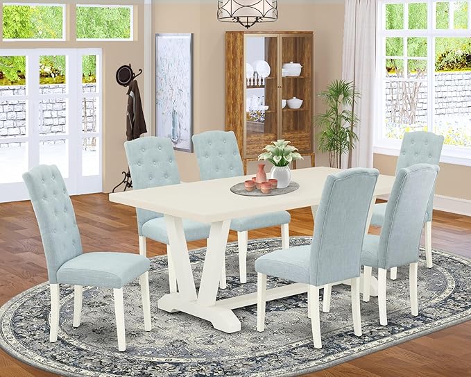 East West Furniture V027CE215-7 7 Piece Dining Room Table Set Consist of a Rectangle Kitchen Table with V-Legs and 6 Baby Blue Linen Fabric Parsons Dining Chairs, 40x72 Inch, Multi-Color
