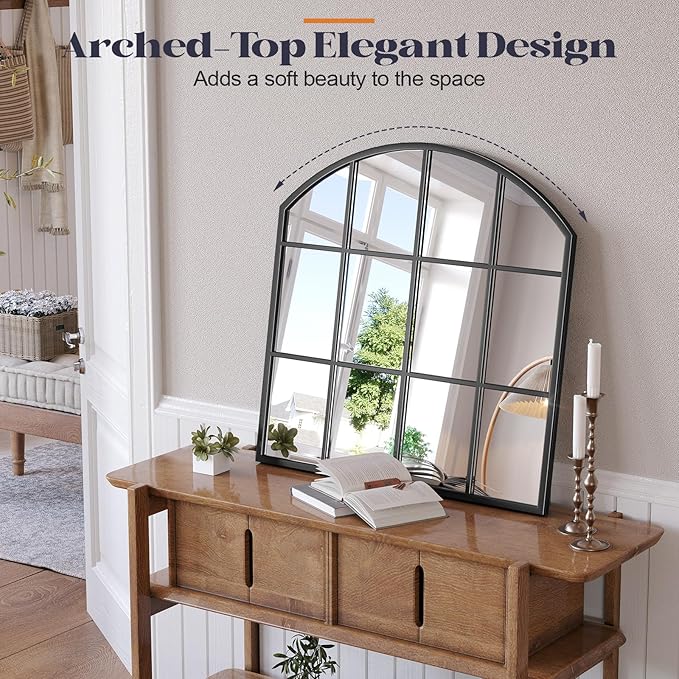 Wide Window Mirror, 28" x 28" Farmhouse Arched Wall Mirror, Rustic Windowpane Mirrors Large Grid for Living Room Bedroom Farmhouse Fireplace Hallway Entryway