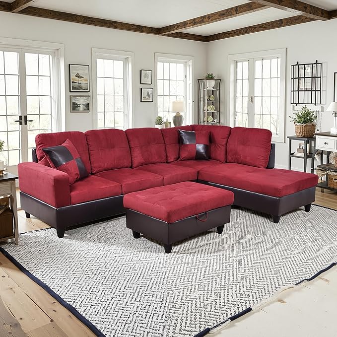 NicBex Sectional Couch 3 Pieces Sofa Set with Left Chaise Flannel PVC L Shaped Cloud Couch for Living Room Furniture Sets with Storage Ottoman, Modular Sofa for Living Room & Apartment, Red+Black