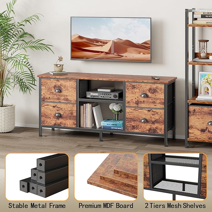 Furologee TV Stand with 4 Drawers, 43 Inch Entertainment Center with Open Shelves, Media Console Table for 50" TV, Television Stand for Bedroom, Living Room/Rustic Brown