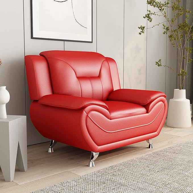 Container Furniture Direct Michael Modern Faux Leather Upholstered Stainless Steel Legs Living Room Sofa, Chair, Persian Red