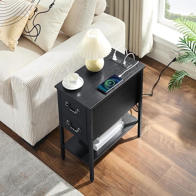 VECELO End Tables,Narrow Nightstands with Charging Station & USB Ports &Drawers,Night Stand for Living Room, Bedroom,Black