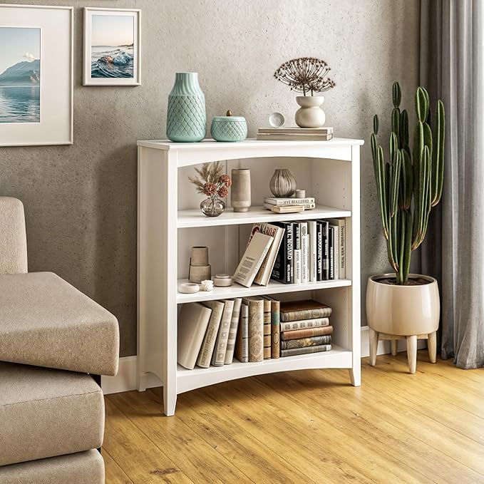 Shaker Style 3 Shelf Bookcase / Solid Wood / 36" High / Adjustable Shelving / Closed Back / Display Bookshelf for Living Room, Bedroom, Home and Office, White