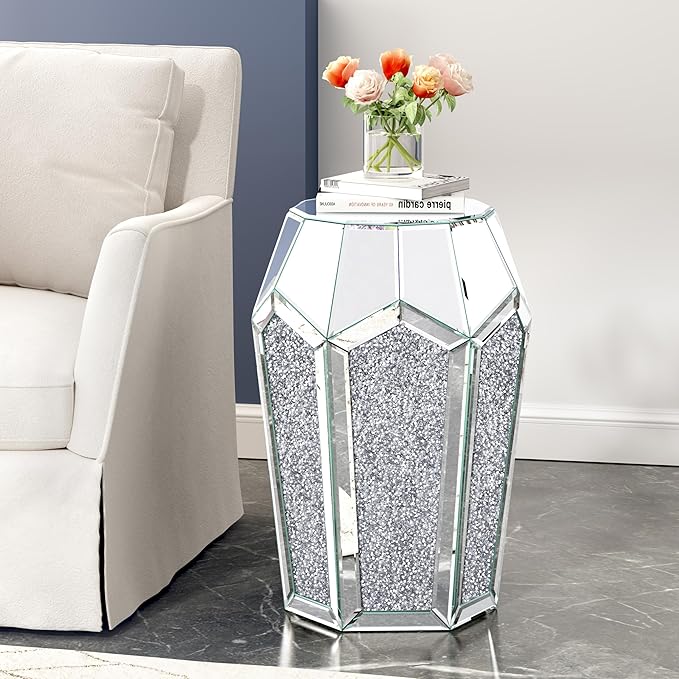 ENENE Mirrored End Table Crystal Diamond Setting Coffee Table Silver Glass Side Table Pedestal Stand for Hallway, Living Room, Corner, Bedroom, Sofa