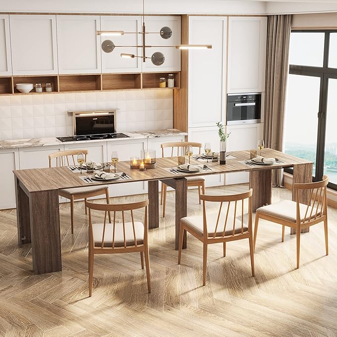 118" Extendable Dining Table for 6-10 Person, Wooden Folding Narrow Dining Room Table, Farmhouse Extendable Console Table for Gatherings, Meeting, Dining Office Areas Brown
