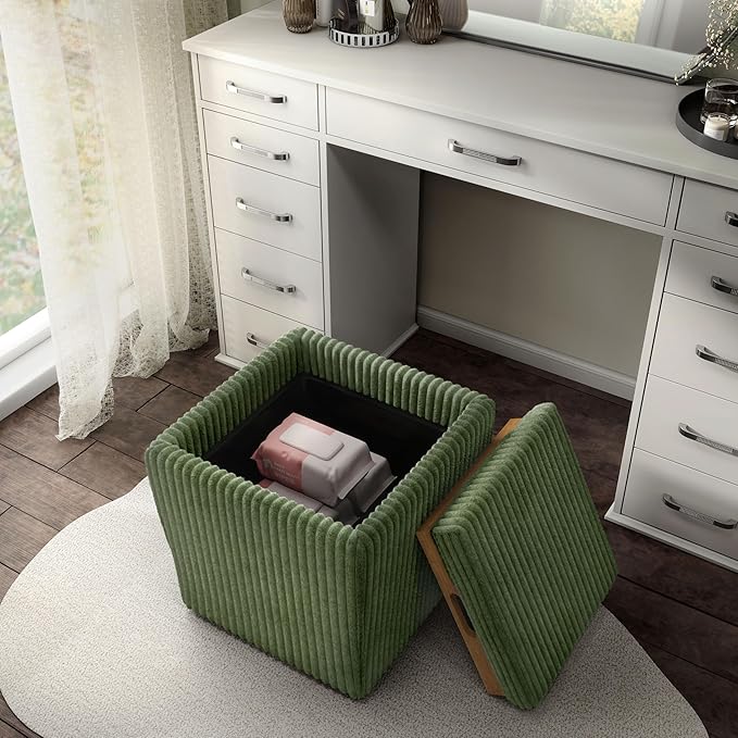 Furniture of America Lennox Modern Chenille 17-inch Square Storage Ottoman with Reversible Tray Top, Upholstered Footstool for Living Room, Bedroom, Entryway, Green