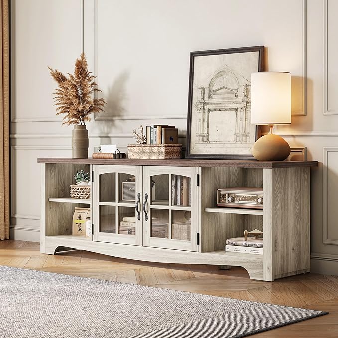 LINSY HOME TV Stand for 75 Inch TV, Modern Farmhouse Entertainment Center with Storage Cabinets and Glass Doors, Tall Media Console Table for Living Room, Bedroom, Large Long Television Stand, Beige