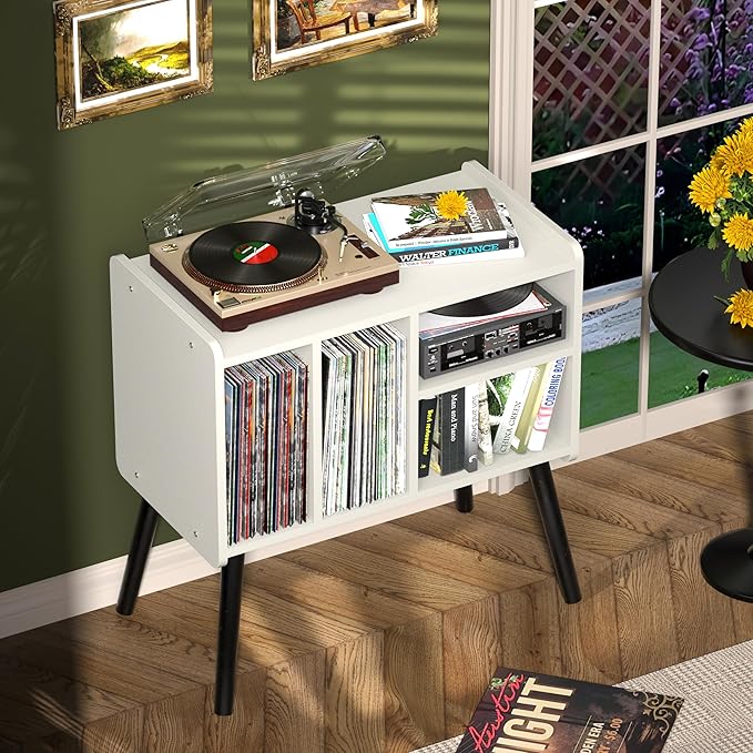 Record Player Table, Mid-Century Record Player Stand with Vinyl Storage Hold Up to 150+ Albums, Vinyl Record Cabinet with Adjustable Shelves, Wood Turntable Stand for Music Living Room (White)