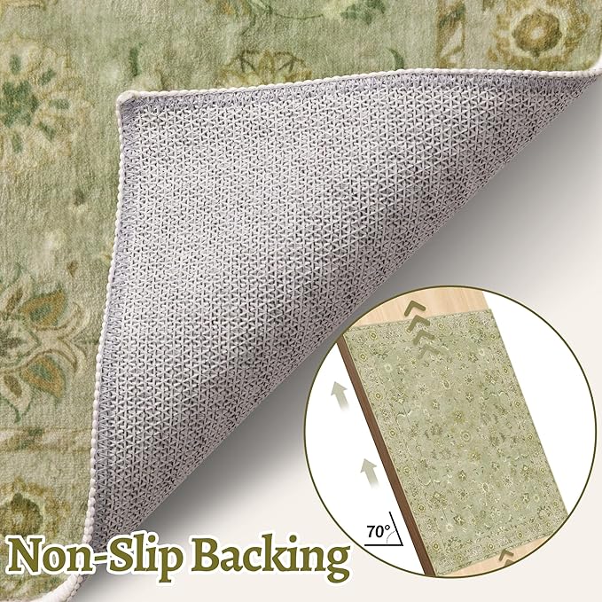 Tangsoo 4x6 Area Rug for Living Room, Washable Floral Vintage Rugs Indoor, Distressed Flaxen Green Carpet for Bedroom, Non Slip Dining Room, Soft Low Pile Rugs Foldable Floor Rug for Dorm Bedside