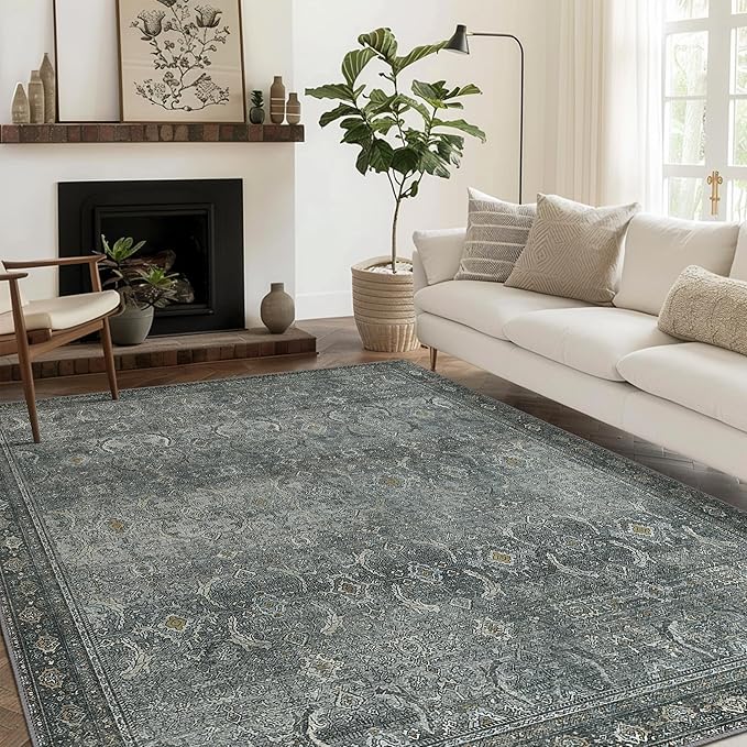 8X10 Area Rugs Machine Washable Rugs for Living Room, Vintage Boho Large Rugs for Bedroom Dining Room, Non Slip Indoor Soft Distressed Lightweight Thin Low Pile Carpet, Slate Grey