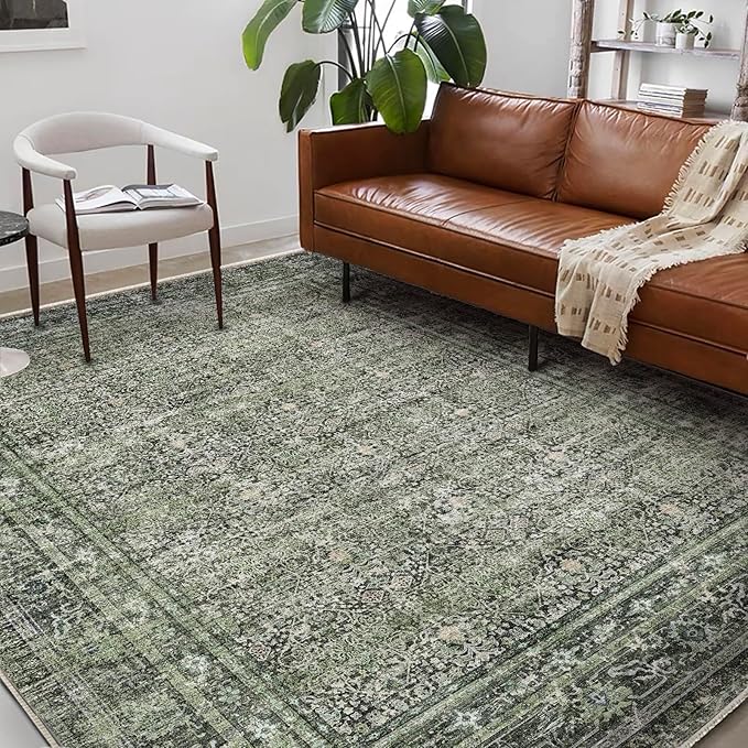 Washable Area Rug 9'x12' Retro Boho Design Non-Shedding Easy Care Ideal for High Traffic Areas in Living Room Bedroom Office Coffee Table Kitchen Large Carpet