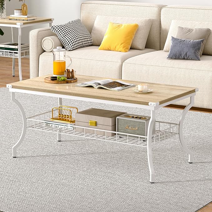 VECELO 3 Pieces Living Room Table Sets, Coffee and End Tables with Open Storage Shelves for Apartment, Home Office, Small Space, Easy Assembly, White Oak