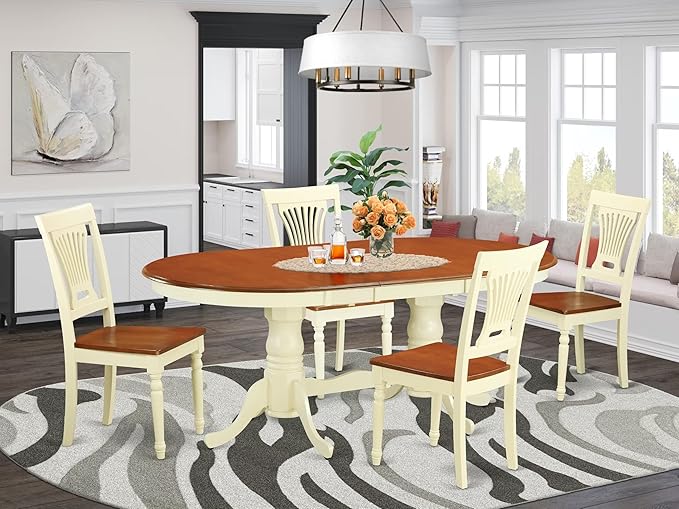 East West Furniture PLAI5-WHI-W 5 Piece Dining Room Furniture Set Includes an Oval Wooden Table with Butterfly Leaf and 4 Kitchen Dining Chairs, 42x78 Inch, Buttermilk & Cherry