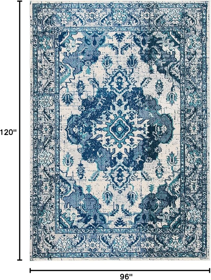 SAFAVIEH Monaco Collection Area Rug - 8' x 10', Ivory & Blue, Boho Chic Medallion Distressed Design, Non-Shedding & Easy Care, Ideal for High Traffic Areas in Living Room, Bedroom (MNC243A)