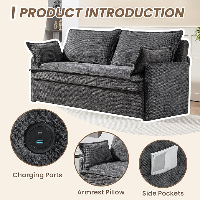 Furnimart 59.5" Queen Size Pull Out Sofa Bed, 3 in 1 Convertible Sleeper Bed with USB/C-Type Charging Ports & Side Pockets, Modern Futon Couch for Living Room, Apartment, RV, Corduroy Dark Grey