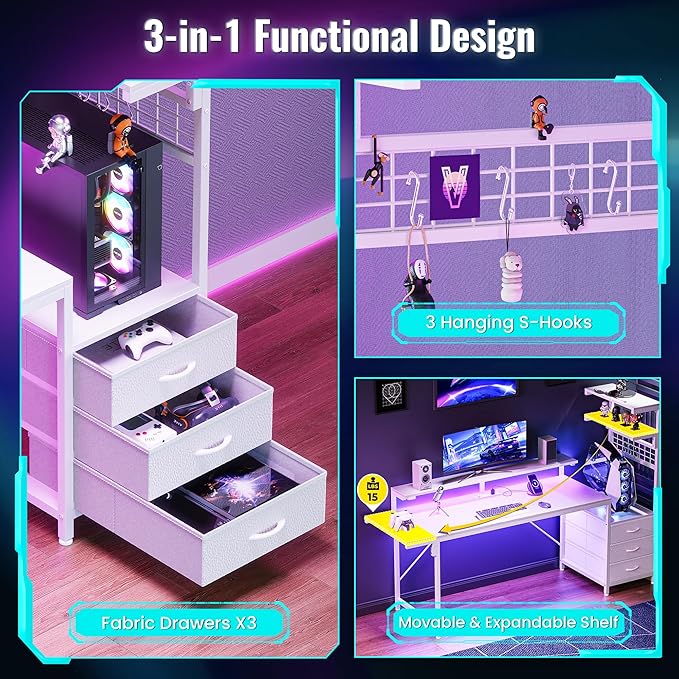 PRAISUN 61.7" Gaming Desk with LED Lights & Outlets, Computer Desk with 3 Fabric Drawers, PC Desk with PC Case Stand & Movable Storage Shelves, Monitor Stand, Reversible, White