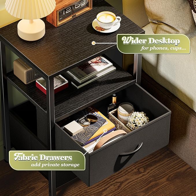 Huuger Night Stand Set of 2, Nightstand with 2 Drawers, Bed Side Table with Open Shelf, Wooden Top, End Table, Fabric Drawer, for Bedroom, Black