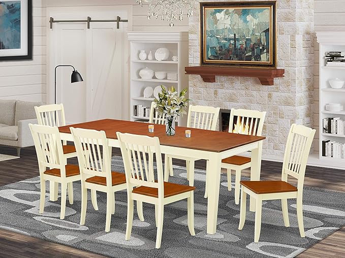 East West Furniture QUDA9-BMK-W 9 Piece Dining Table Set Includes a Rectangle Wooden Table with Butterfly Leaf and 8 Dining Room Chairs, 40x78 Inch, Buttermilk & Cherry