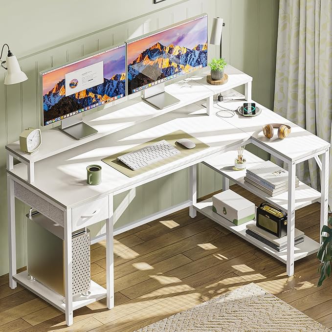 SUPERJARE 53 inch Reversible L Shaped Desk with LED Lights & Power Outlets, Computer Desk with Shelves & Monitor Stand, Gaming Desk with Drawer, Home Office Desk Corner Desk, PU White Drawer