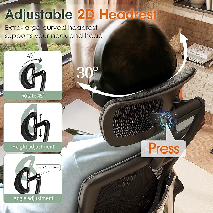 GABRYLLY Ergonomic Office Chair, High Back Home Desk Chair with Headrest, Flip-Up Arms, 90-120° Tilt Lock and Wide Cushion, Big and Tall Mesh Chairs for Man Woman, Black Task Chair