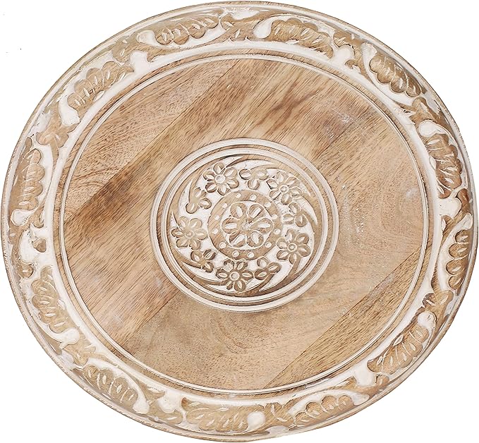 The Wooden Town Carved Wood Round End Table – 18" Accent Side Table for Living Room, White Washed Small Coffee Table, Handcrafted Altar Table, Solid Wood Design