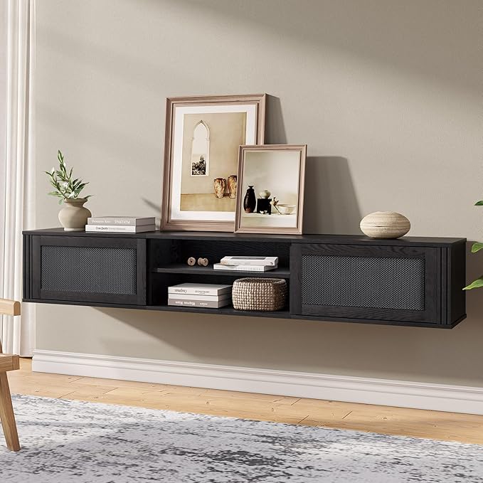 WAMPAT 70" Floating TV Stand with Power Outlet, 2-Tier Wood Media Console Entertainment Center with 2 Rattan Doors, Modern Wall Mounted TV Shelf Cabinet for Under TV, Living Room, Bedroom, Black