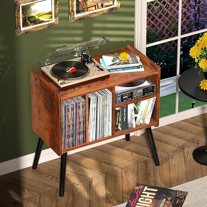 Record Player Table, Mid-Century Record Player Stand with Vinyl Storage Hold Up to 150+ Albums, Vinyl Record Cabinet with Adjustable Shelves, Wood Turntable Stand for Music Living Room (Brown)