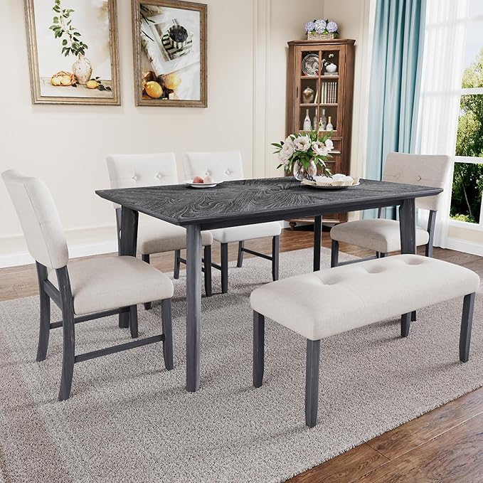 Merax 6 Piece Solid Wood Dining Table Set for 6, Rustic Farmhouse Rectangular with 4 Upholstered Wooden Chairs and 1 Bench, Kitchen Room, Gray