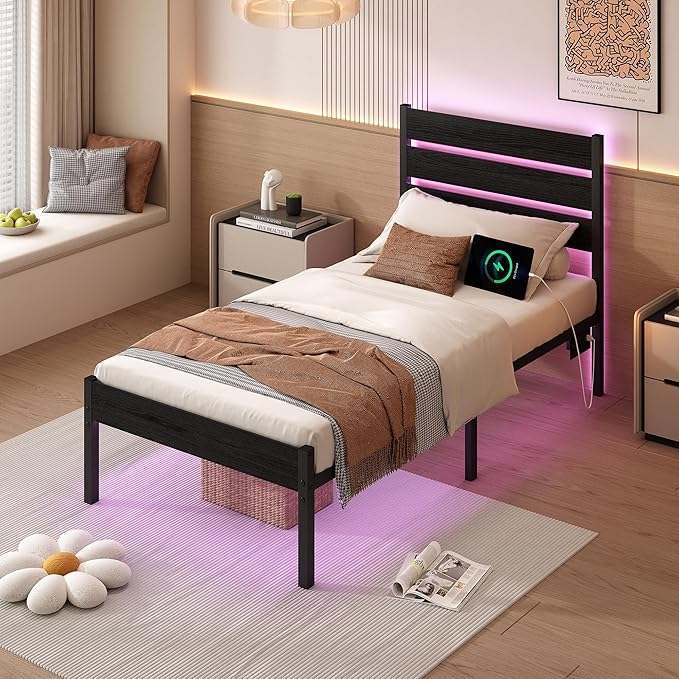 Twin Bed Frame with Headboard,Heavy Duty LED Bed Frame with USB Charging Station,Mattress Foundation-Under Bed Storage, No Box Spring Needed, Noise Free，Black