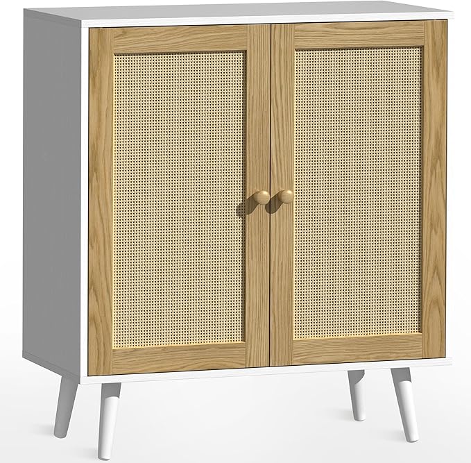Rattan Storage Cabinet, Small Sideboard Buffets Storage Cabinet with Doors for Kitchen & Entryway Storage, White