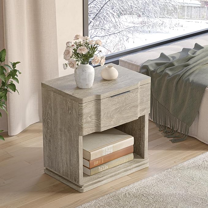 Night Stand with Charging Station, Wooden Mid Century Modern Nightstand with Drawer, Bed Side Table with Storage, Large Rustic Farmhouse End Tables for Bedroom Living Room Office