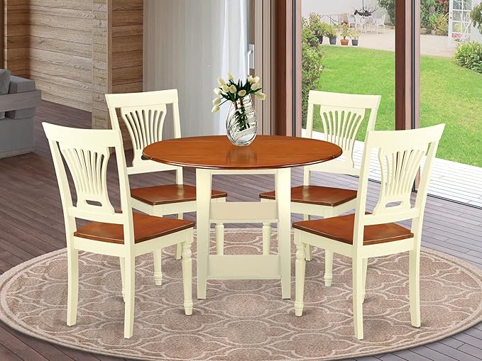 East West Furniture SUPL5-BMK-W 5 Piece Dining Room Table Set Includes a Round Kitchen Table with Dropleaf & Shelves and 4 Dining Chairs, 42x42 Inch, Buttermilk & Cherry