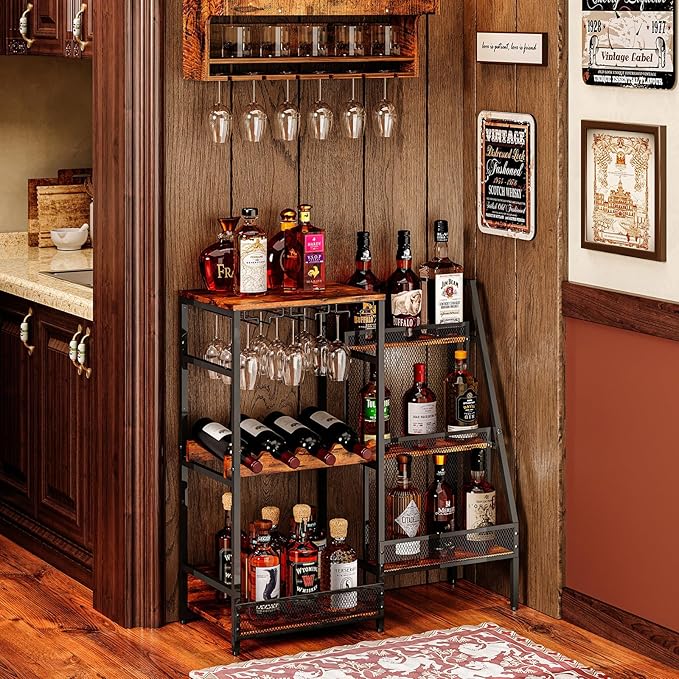 Versatile Liquor Stand for Home Bar, Wine Rack Freestanding Floor, Mini Bar Table for Liquor Whiskey Wine, 3-Tier Trapezoidal Liquor Bottle Display Shelf with Glass Holder and Fences(Patent Pending)