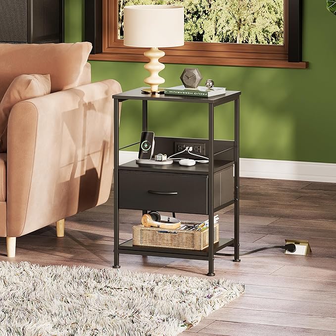 WLIVE Night Stand with Charging Station, LED Nightstand with Adjustable Fabric Drawer, 3-Tier Storage Bedside Table, Small End Side Tables for Bedroom, Black