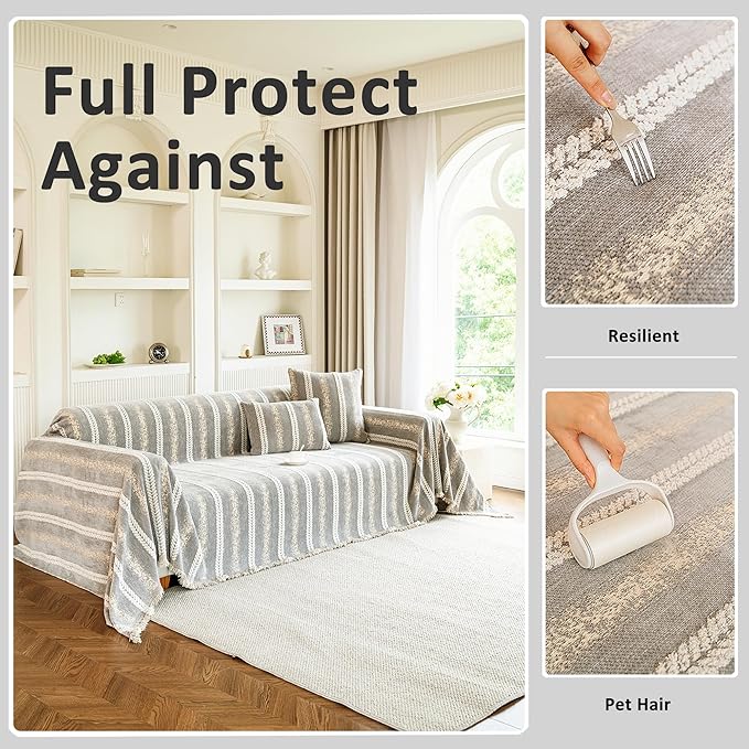Couch Cover for Dogs Washable Sofa Cover, Sectional Couch Covers, Sofa Covers for 2 Cushion Couch, Non Slip Stripe Sofa Slipcovers Furniture Protector, Couch Protector from Cat Claws, Light,75''x102''