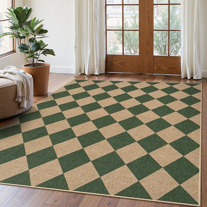 Lahome Checkered Outdoor Rug 5x7, Washable Rug for Living Room Office Indoor Outdoor Carpet, Farmhouse Non Slip Non Shedding Green Carpet for Dining Room Sunroom Patio Courtyard