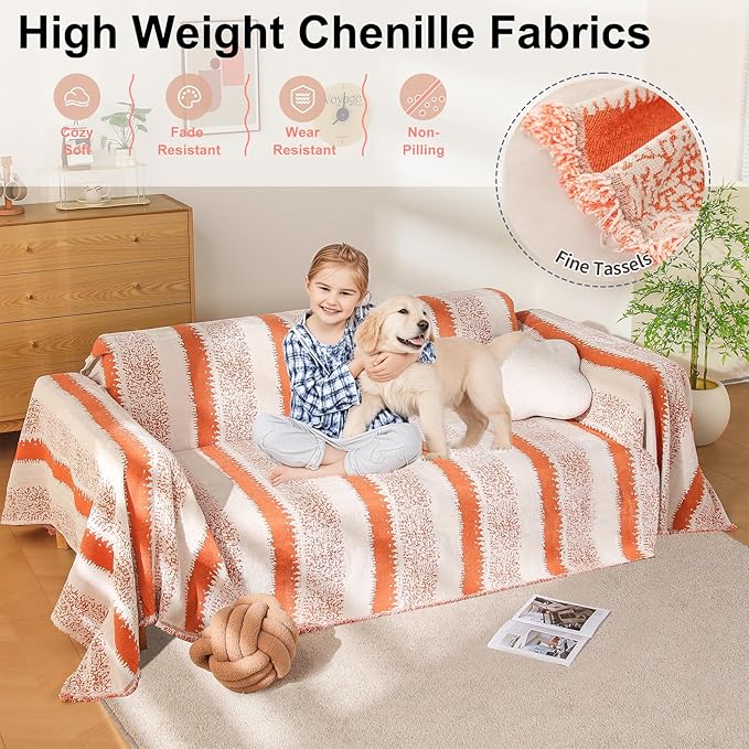 Boho Sofa Cover, Couch Covers for 3 Cushion Couch Sofa Pet Friendly, Sofa Cover Washable, Soft Chenille Living Room Couch Covers Slipcover, Pet Furniture Protecto (1# Orange, 71" x 134")