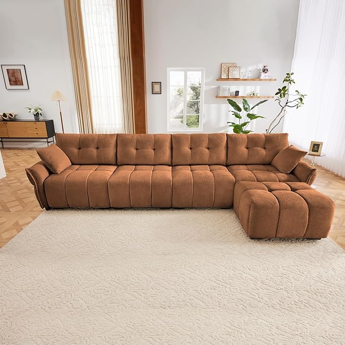 Modern Chenille Fabric 4-Seat Sofa w/Ottoman+2 Pillows, Premium Upholstery Living Room Couch with Tufted Backrest & Comfortable Armrests and High-Resilience Memory Foam Cushions,Orange