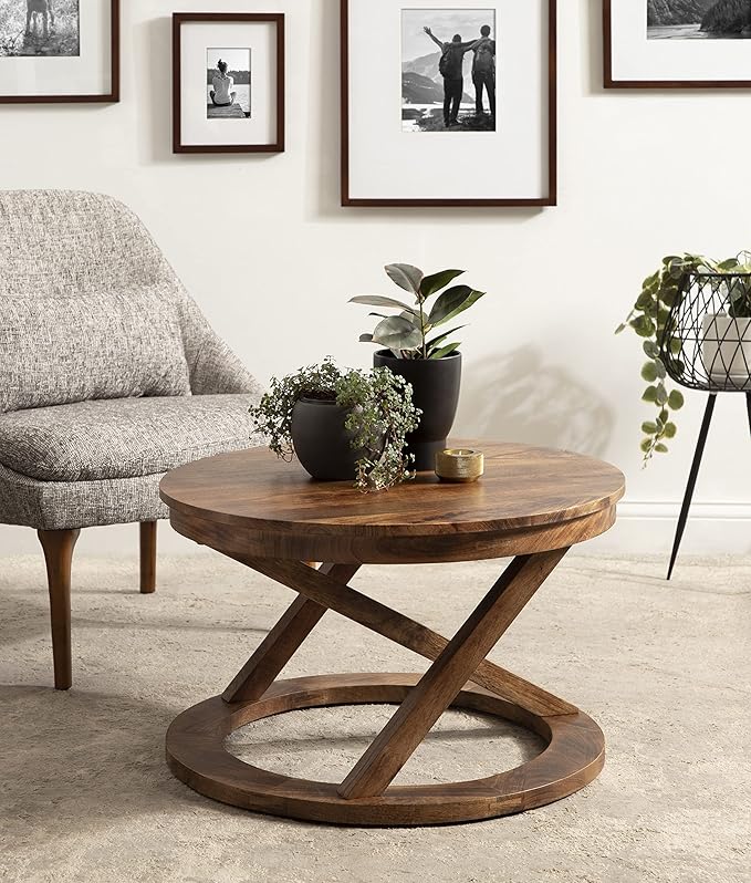 Kate and Laurel Aja Bohemian Round Wood Coffee Table; 26 inch Diameter; Walnut Brown; Decorative Boho Modern Coffee Table for Hosting; Storage; and Display