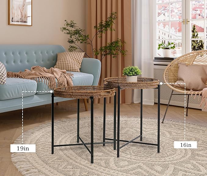 Brown Small Round End Table, 19in Rattan End Tables, Wicker Rattan Side Table, Round Sofa Side Table, Indoor Outdoor Side Tables for Patio, Living Room Bedroom Office