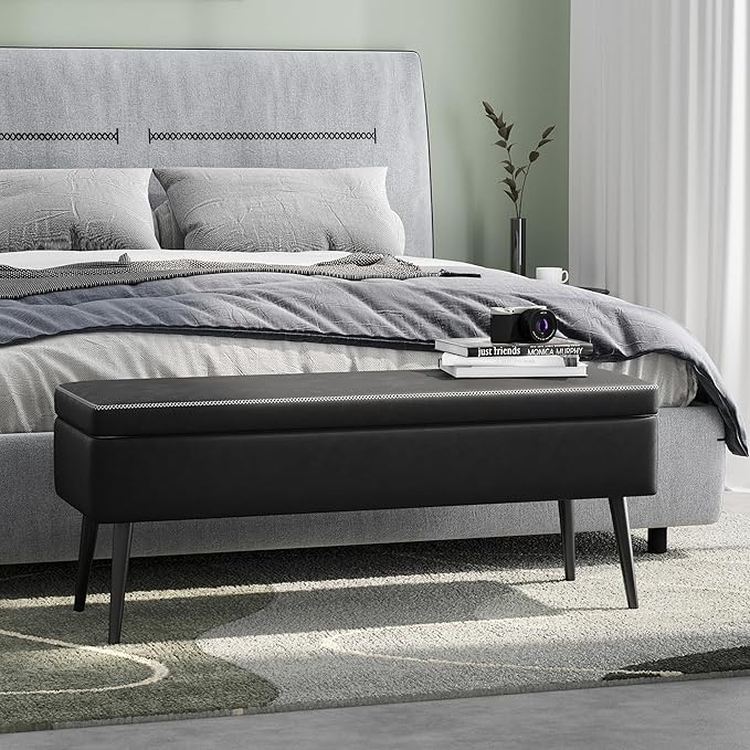 GarveeHome Storage Ottoman Bench, Mid-Century Modern Entryway Bedroom Bench, Synthetic Leather with Stitching, Safety Hinges, Loads 680 Lb, Black